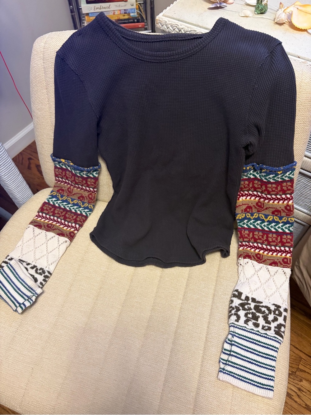 Free People Black Waffle Knit Top with Multicolor Patterned Sleeves